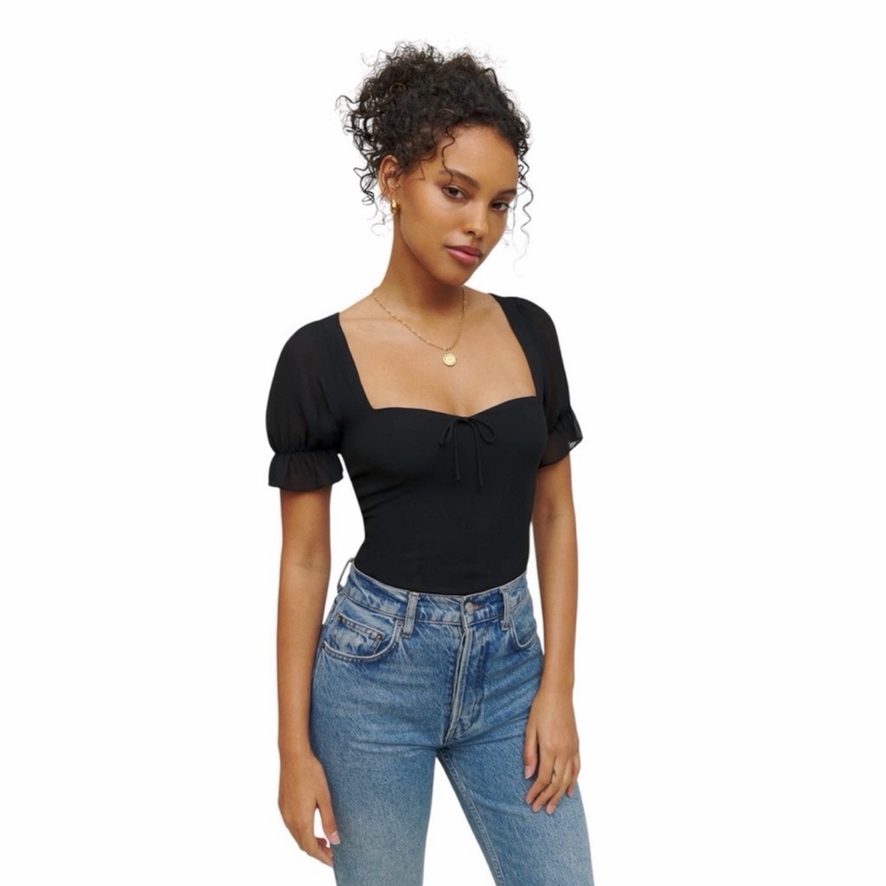 Black Puff-Sleeve Square-Neck Top